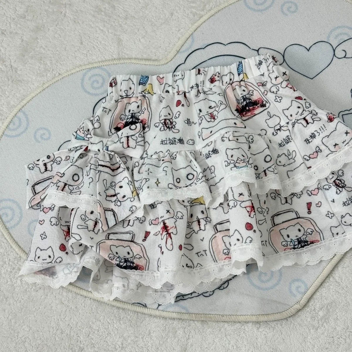 Zip & Cat Print Puff Cake Skirt Subculture Y2K E-girl Anime Cute High-Waisted A-line Fluffy Skirt