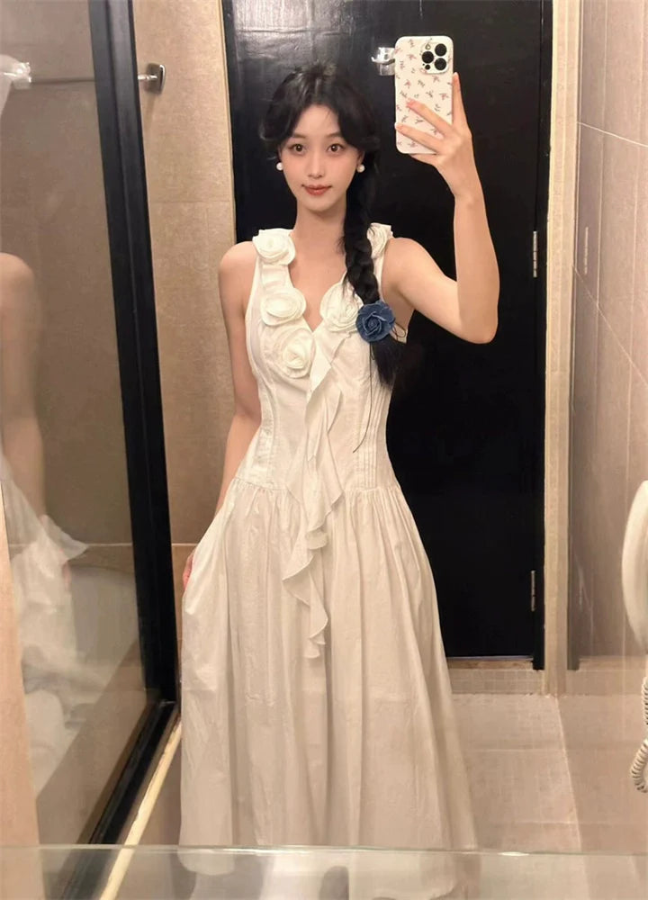 White Sleeveless Midi Dress With 3D Flowers & Ruffles