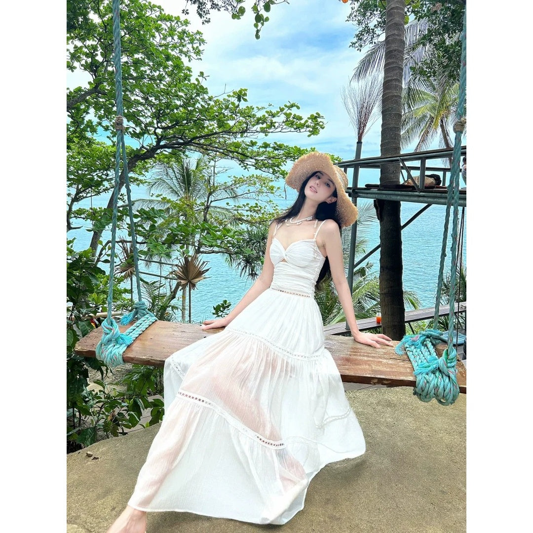 French White High-End Spaghetti Strap Resort Gown Dress