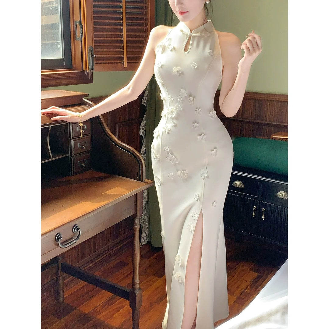 Chinese Floral Embroidery White Cheongsam Gown Dress