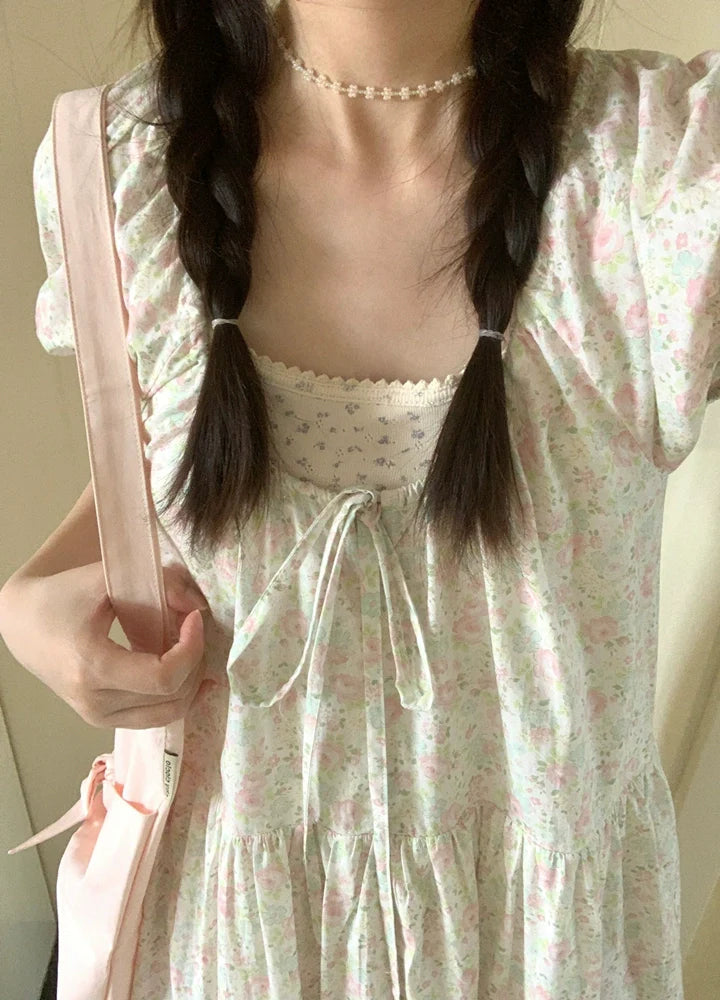 Resort-Style Floral Smocked Bubble-Sleeve Midi Dress