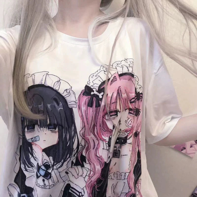 White Japanese Anime E-Sports Girl Print Niche Design Oversized Y2K T-Shirt