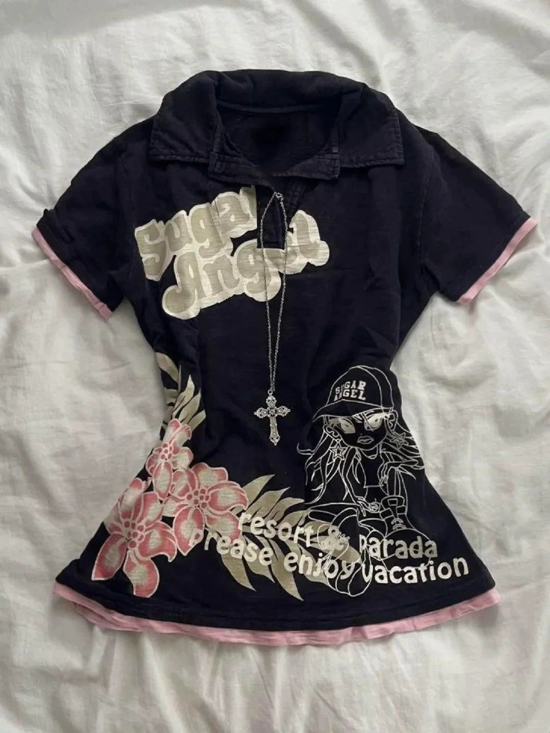 Black Pink Panel Polo Collar Print Y2K T-Shirt