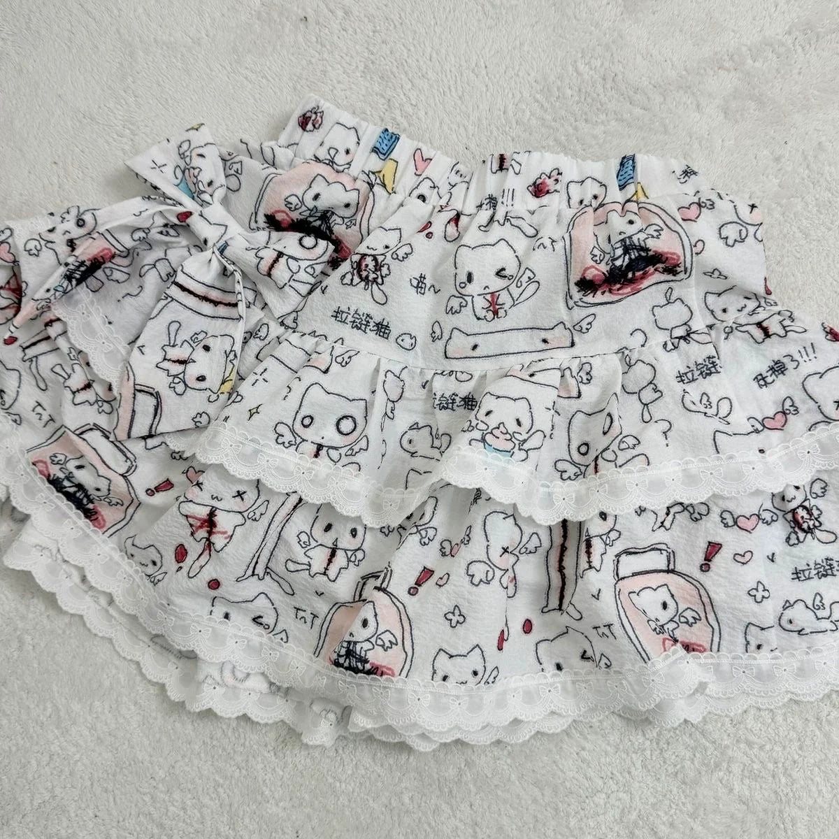 Zip & Cat Print Puff Cake Skirt Subculture Y2K E-girl Anime Cute High-Waisted A-line Fluffy Skirt