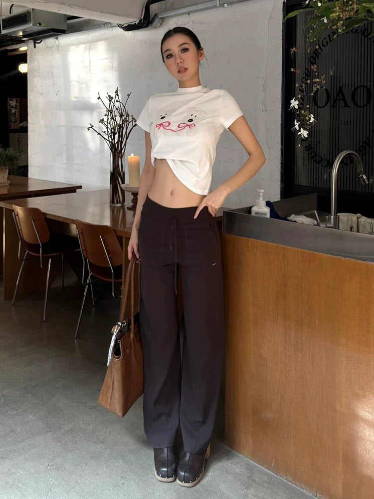 White Dog Applique Short Sleeve Top Slim Fit Tee