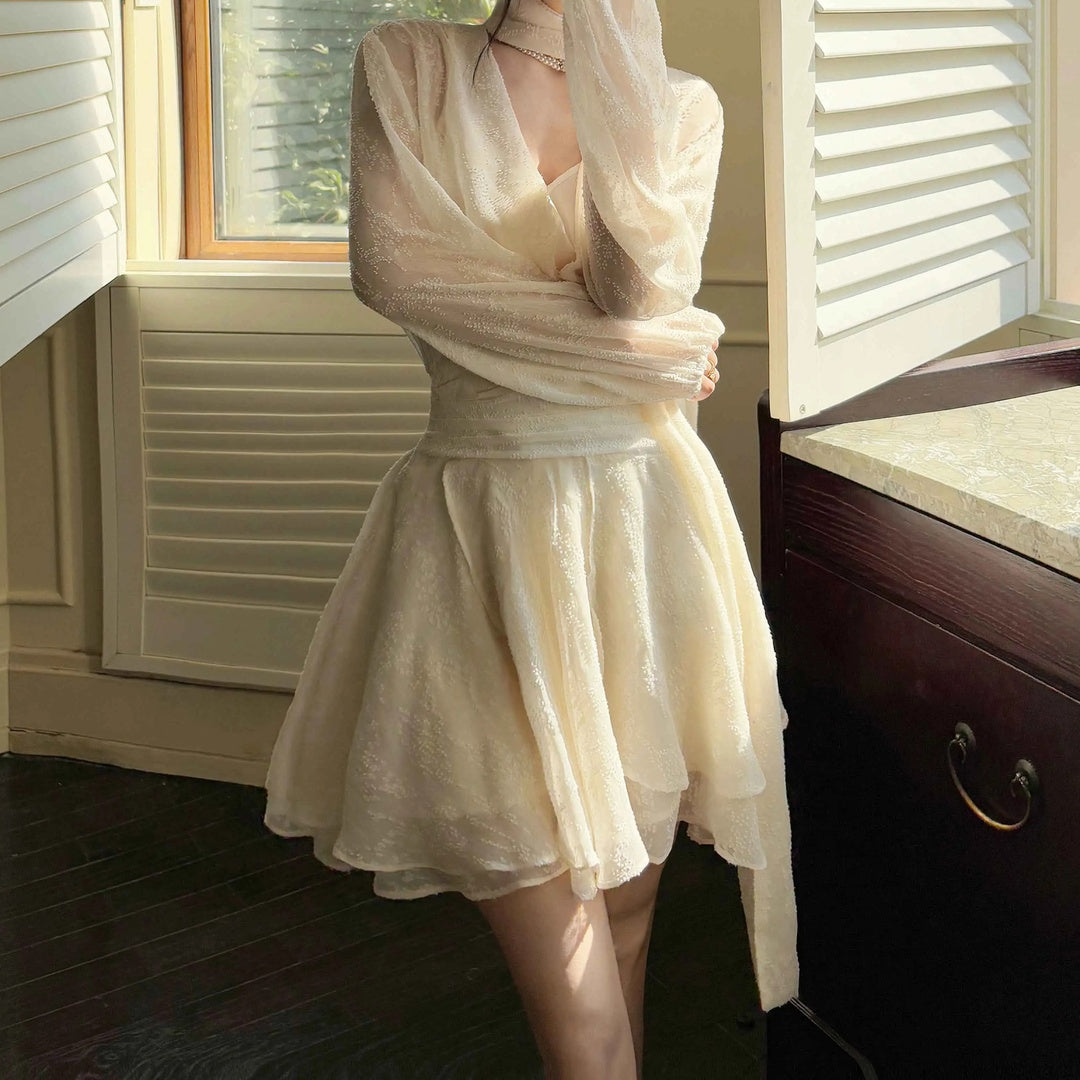 French Long Sleeve Chiffon Designer Short Dress – Spring and Summer Elegant Dress