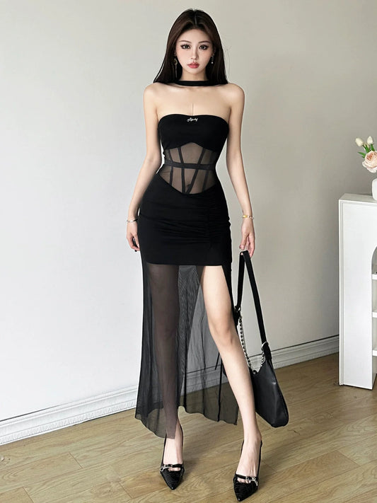 Sweet & Spicy Boss Lady Black Mesh-Paneled Halter High-Slit Dress