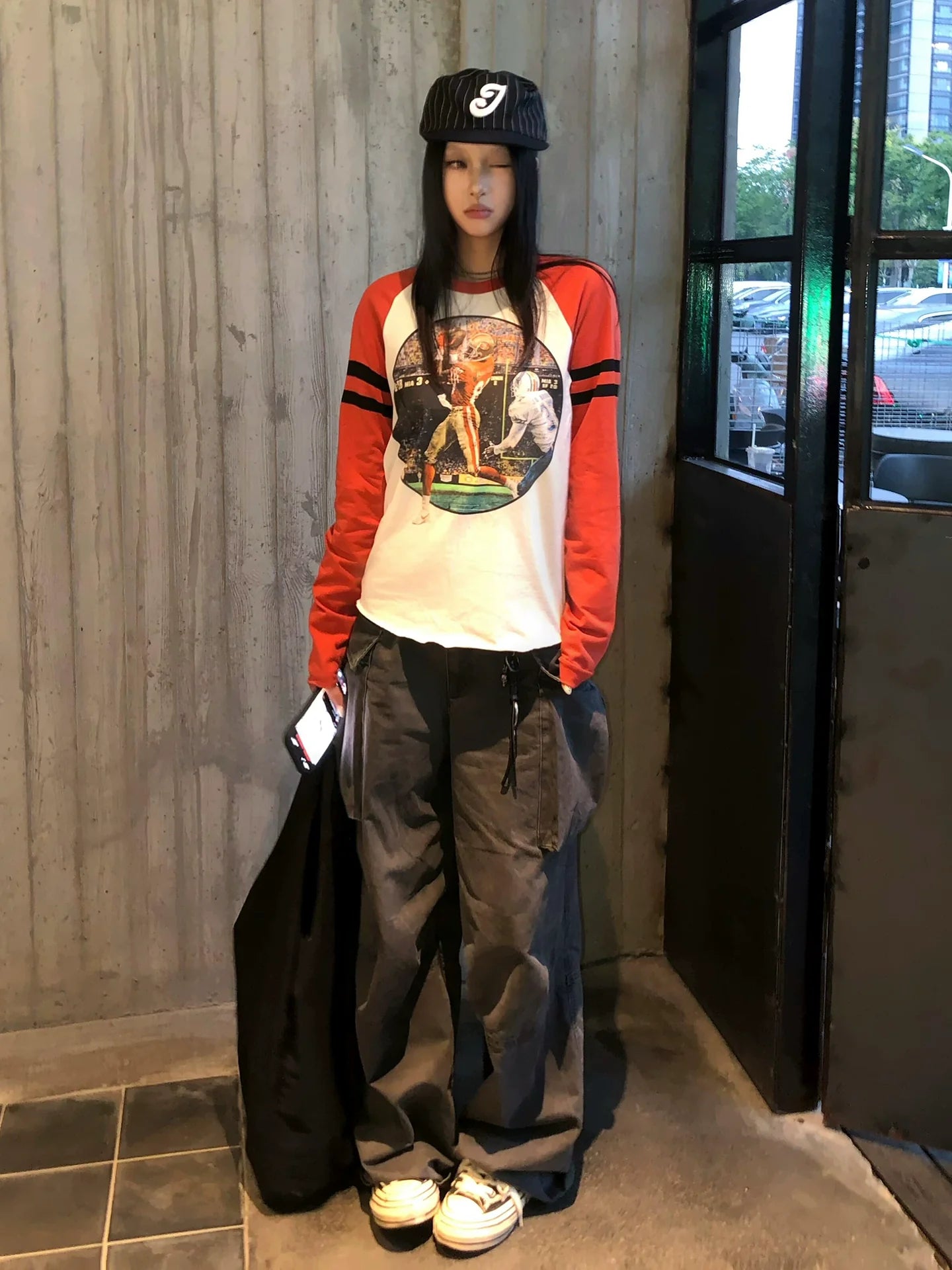 Retro White and Orange Color Block Raglan Long Sleeve Top