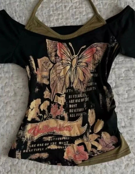 Black American Vintage Butterfly Print Fake Two-Piece Y2K T-Shirt