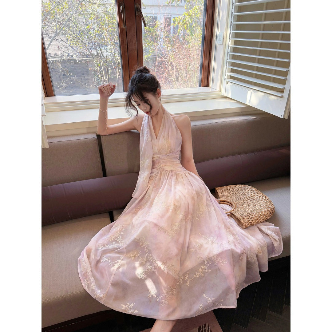 French Embroidered Floral Halter Beach Gown Dress