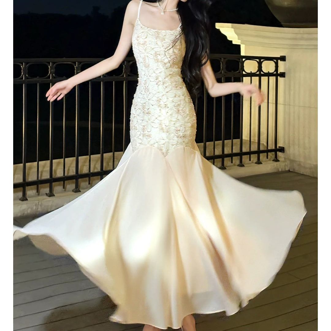 Embroidered Pink Spaghetti Strap Mermaid Gown Dress