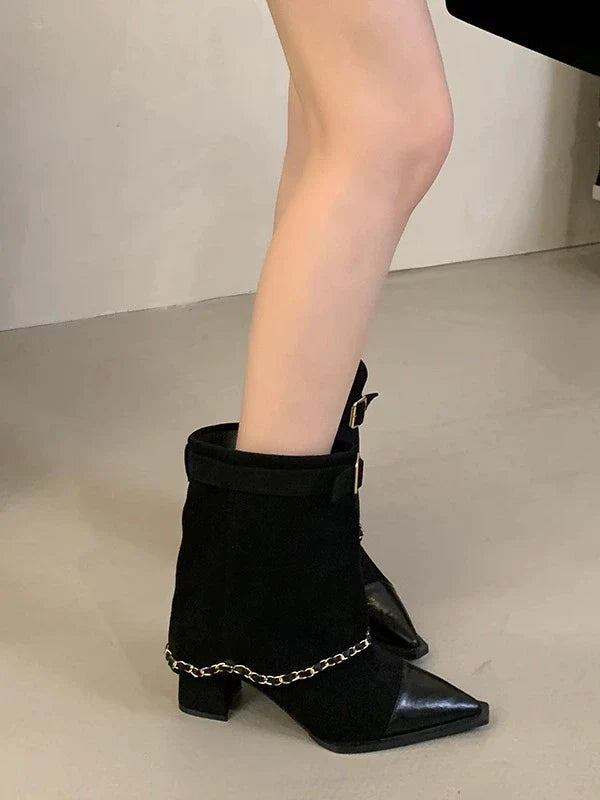 Minimalist Chic Color Block Chain Trouser Boots Women Fall Winter New Pointed Toe Chunky Heel Ankle Fashion Biker Boots