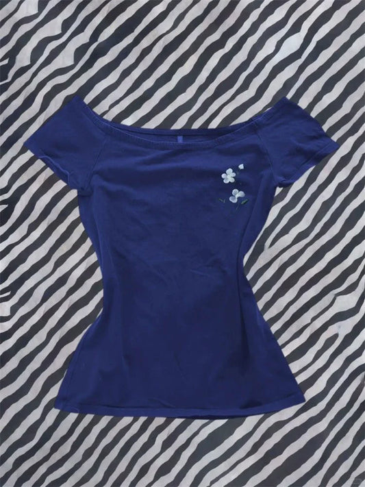 Blue American Vintage Floral Print Off-The-Shoulder Y2K T-Shirt