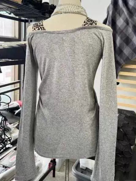 Gray Vintage Leopard Print Panel Off-The-Shoulder Fake Two-Piece Y2K T-Shirt