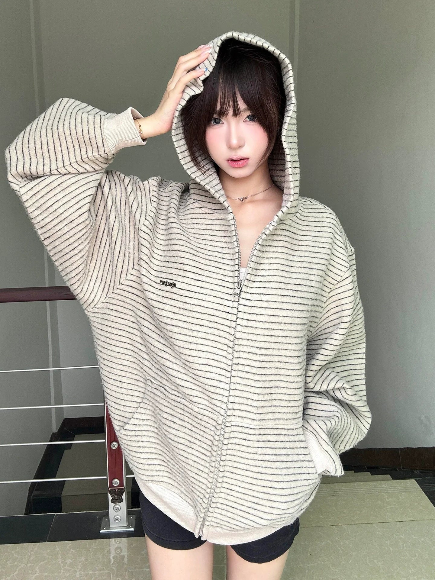 American Striped Zip-Up Hoodie Retro Loose Sweatshirt Jacket