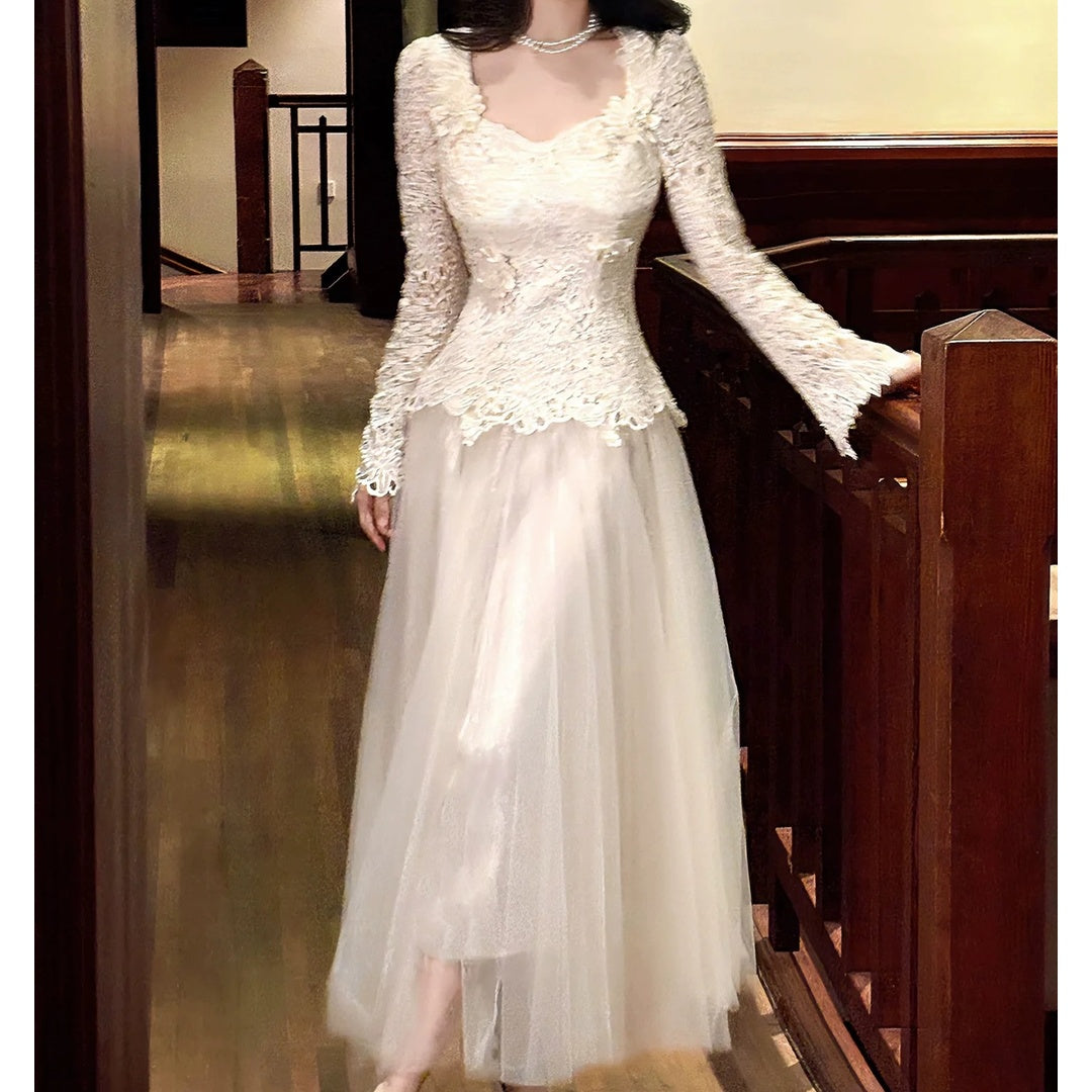 White Floral Lace Long Sleeve Gown Prom Dress