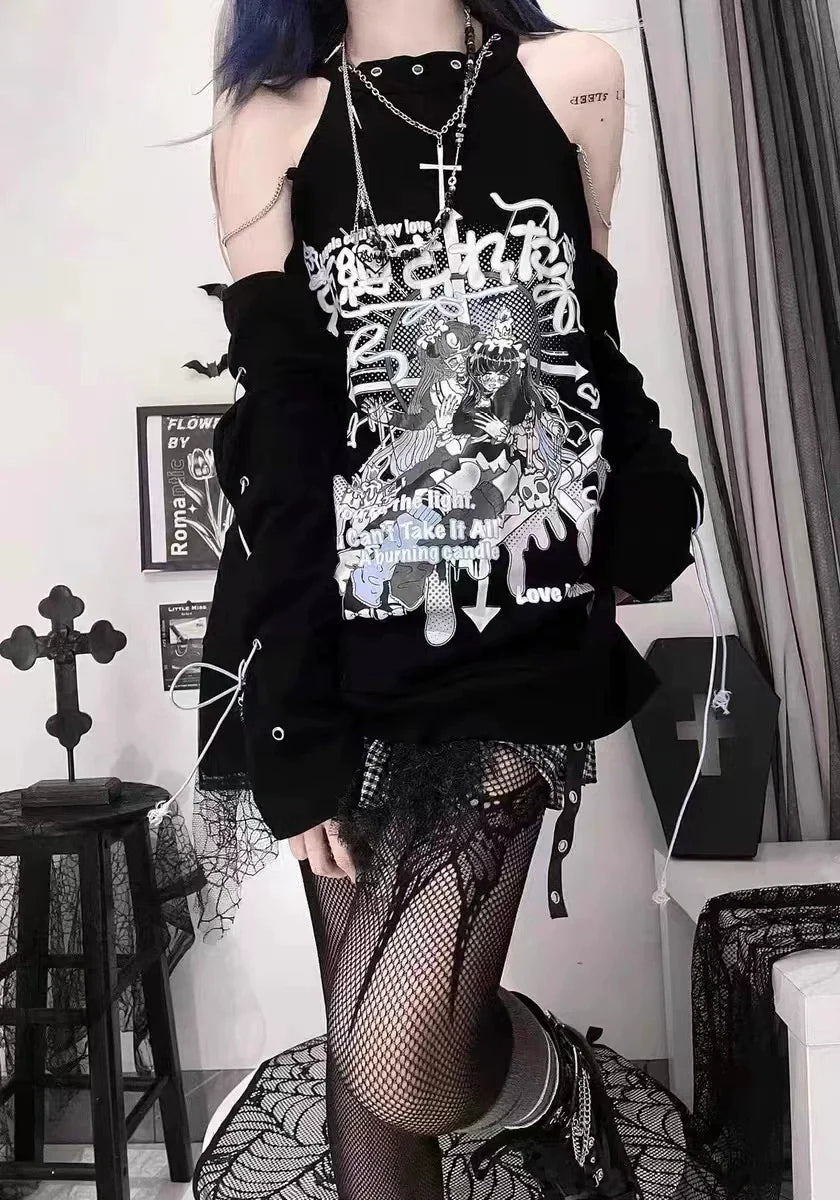 Black Tie Top with Cross Necklace Punk Y2K T-Shirt