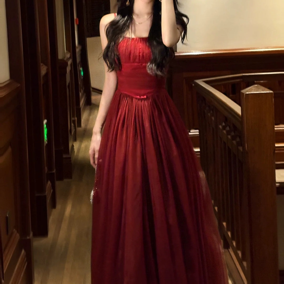 French Ballet Red Mesh Spaghetti Strap Gown Dress