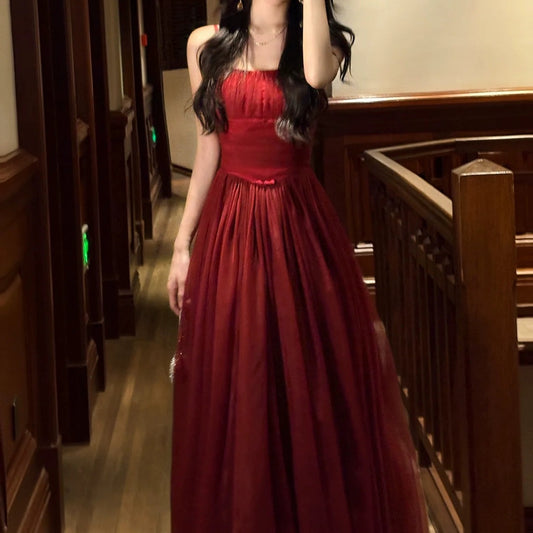 French Ballet Red Mesh Spaghetti Strap Gown Dress