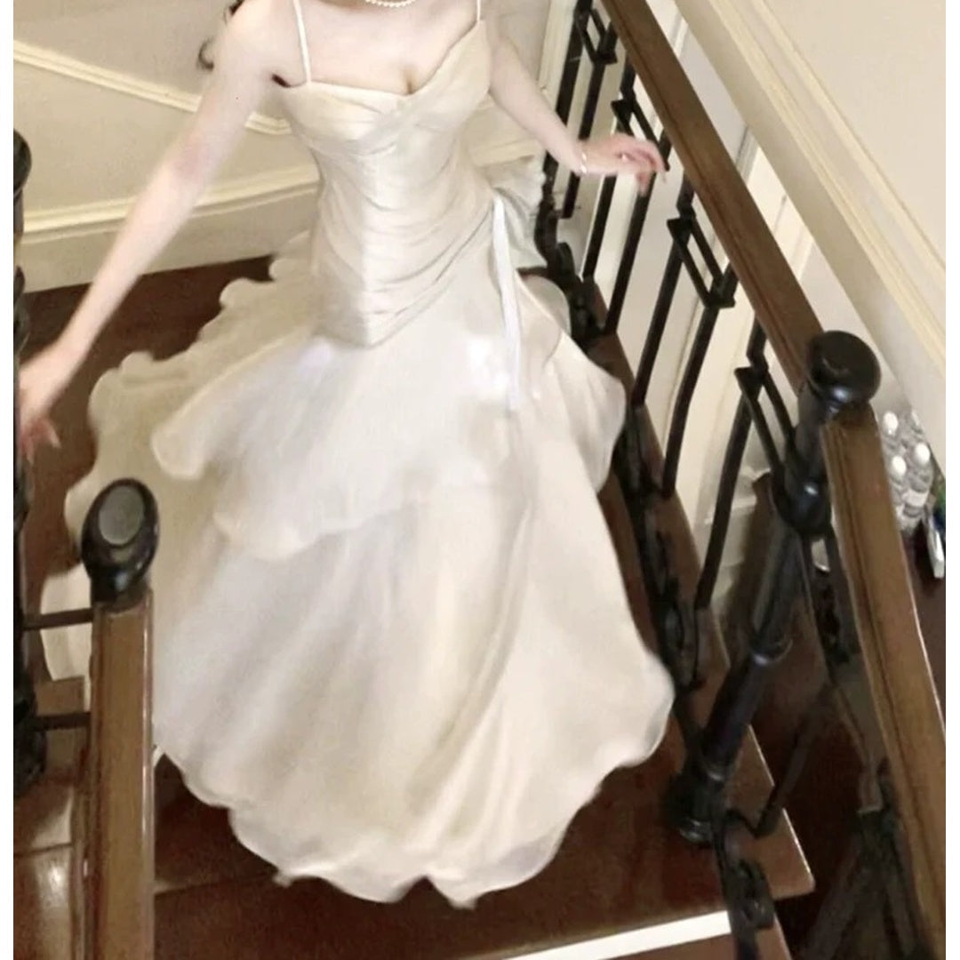 Glass Satin Ruffle Spaghetti Strap Gown Dress
