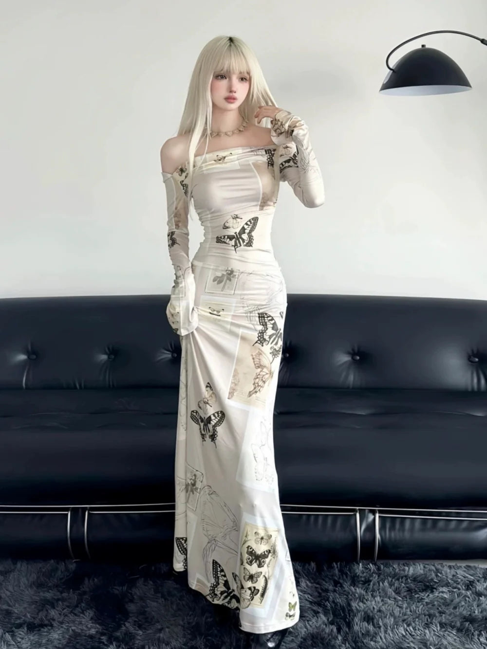 Off-Shoulder Butterfly Print Long-Sleeve Bodycon Midi Dress