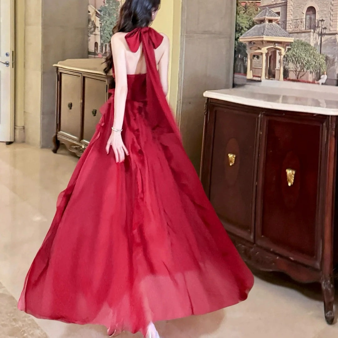 French Ruffle Red Halter Neck Gown Dress – Unique Princess Dress