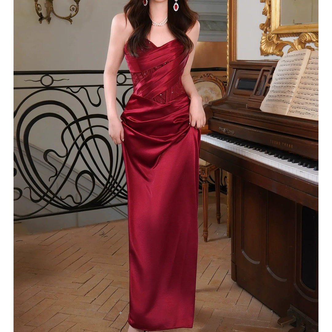 French Satin Classic Elegant Gown Dress – Engagement Formal Dress