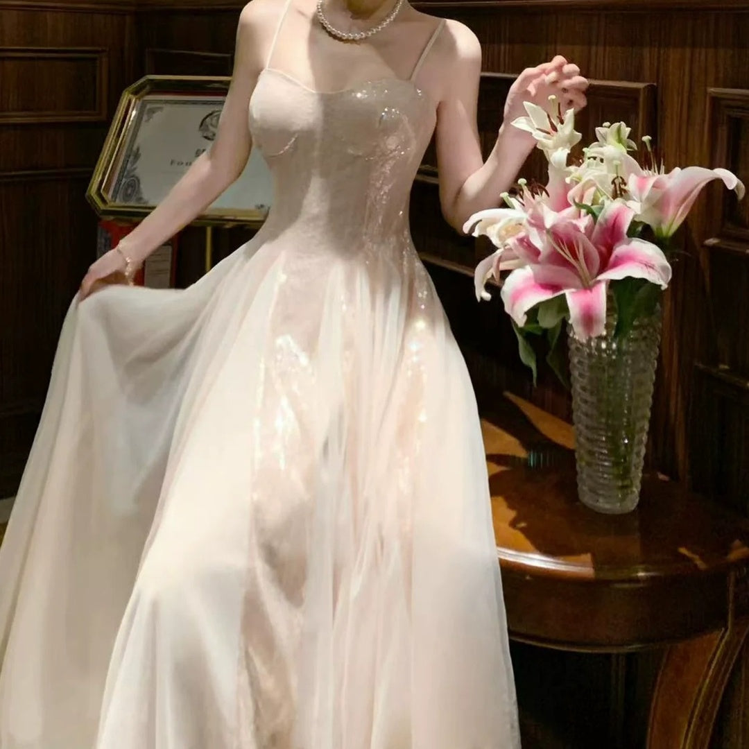 French Sequin Lace Spaghetti Gown Dress – Heavy Embroidered Flared Dress