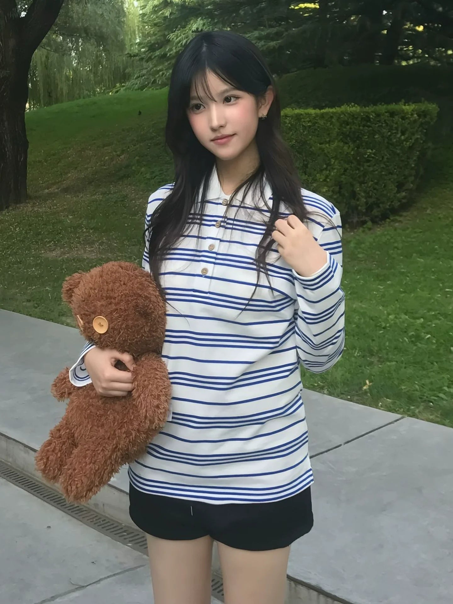 Blue-White Striped Polo Long Sleeve Korean Retro Loose Top