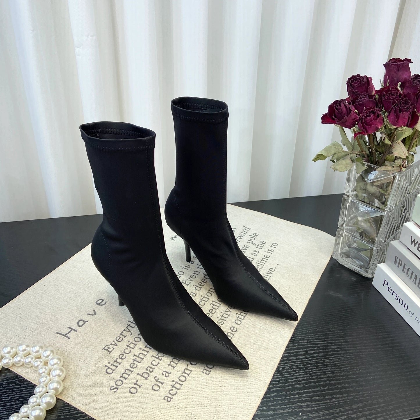 European Sexy High Heel Slim Boots Spring Autumn Colorful Mid Calf Sock Boots Pointed Toe Thin Heel Stretchy Boots Women