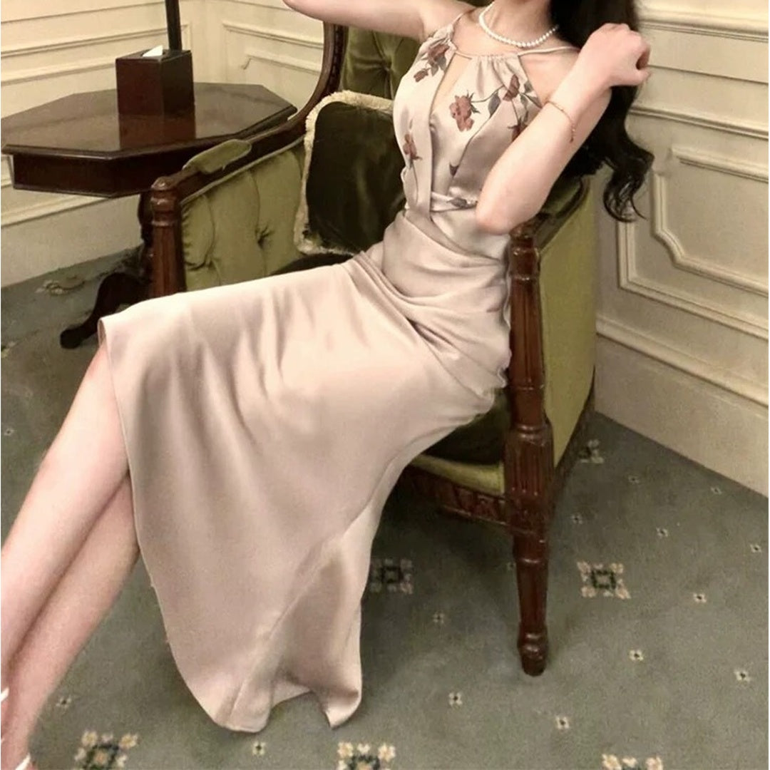 Satin Floral Contrast Mermaid Gown Dress