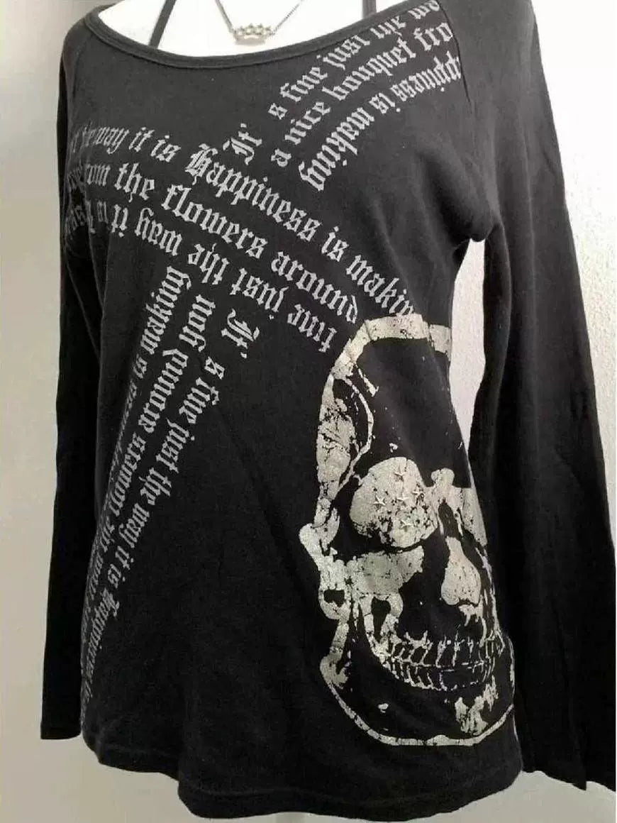 Black Subculture Gothic Rock Punk Y2K E-girl Skull Print Oversized Long Sleeve Top