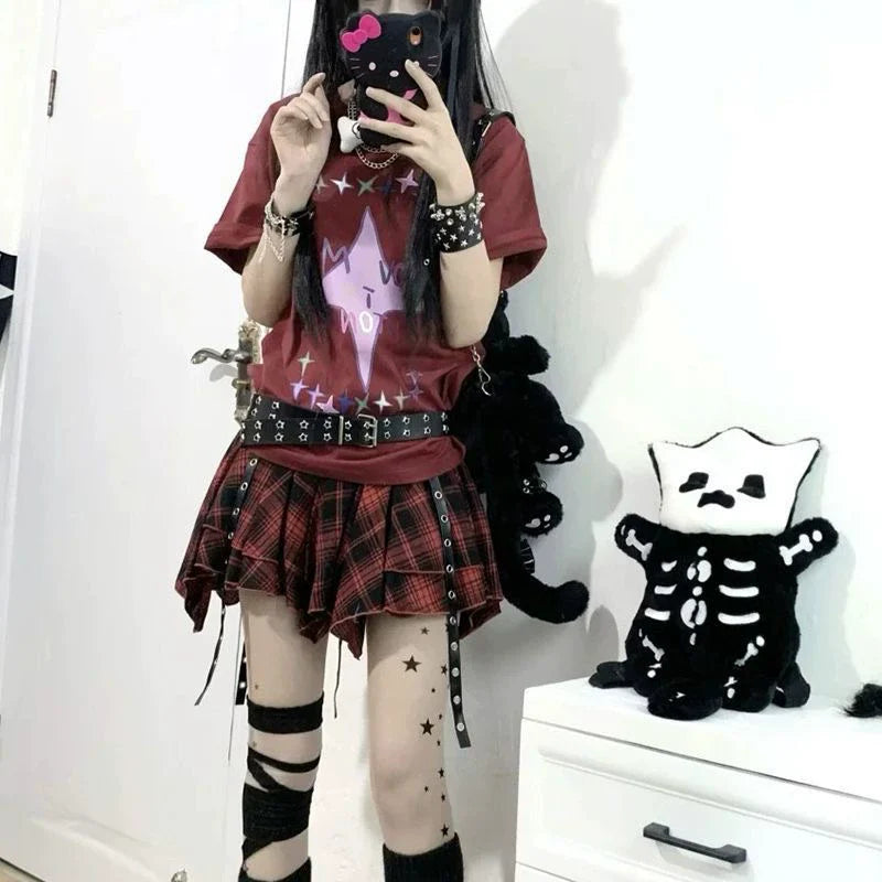 Burgundy Fleur-de-lis Top and Plaid Skirt Y2K Two Pieces Sets