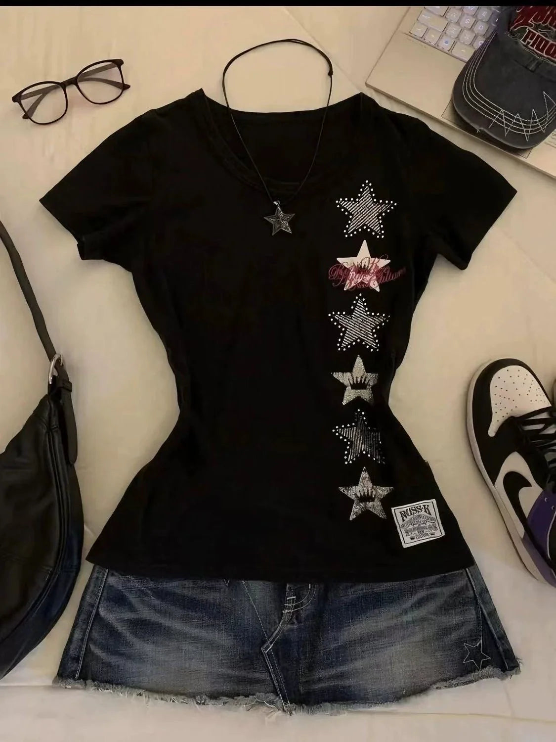 Black American Vintage Print Regular-Shoulder Slim Y2K T-Shirt