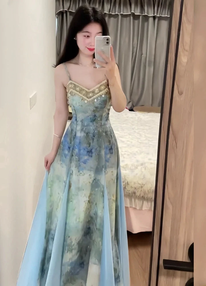 Blue Ombre Print Slip Dress with Lace Trim