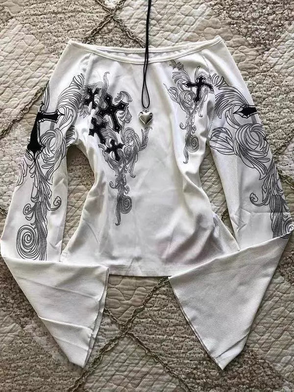 White Off-The-Shoulder Flared Sleeve Print Y2K T-Shirt