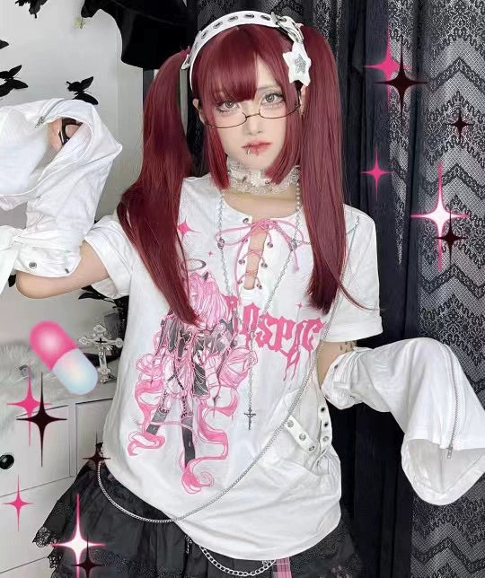 Black (With Chain Arm Sleeves) Subculture Punk Y2K E-girl  Removable Sleeve Fake Two-Piece Tie Top