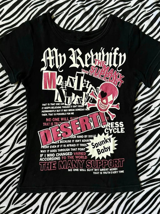 Black Subculture Rock Punk Y2K E-girl Abi American Vintage Japanese Brand Print Short Sleeve Top