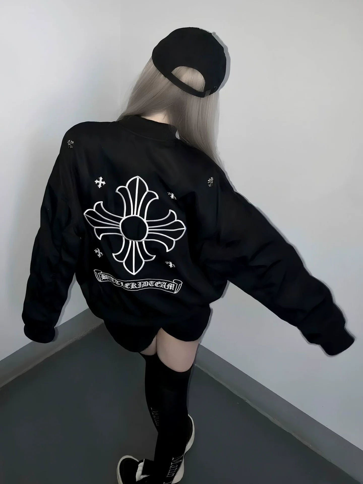 American Black Varsity Bomber Jacket Cross Embroidery Oversized Street Outerwear