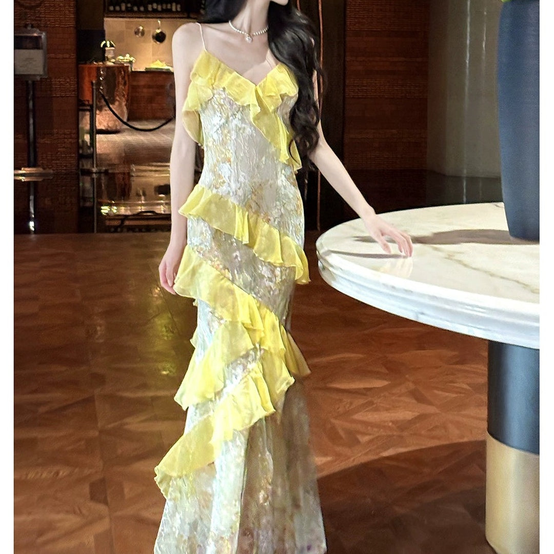 Floral Asymmetrical Ruffle Lace Halter Gown Dress