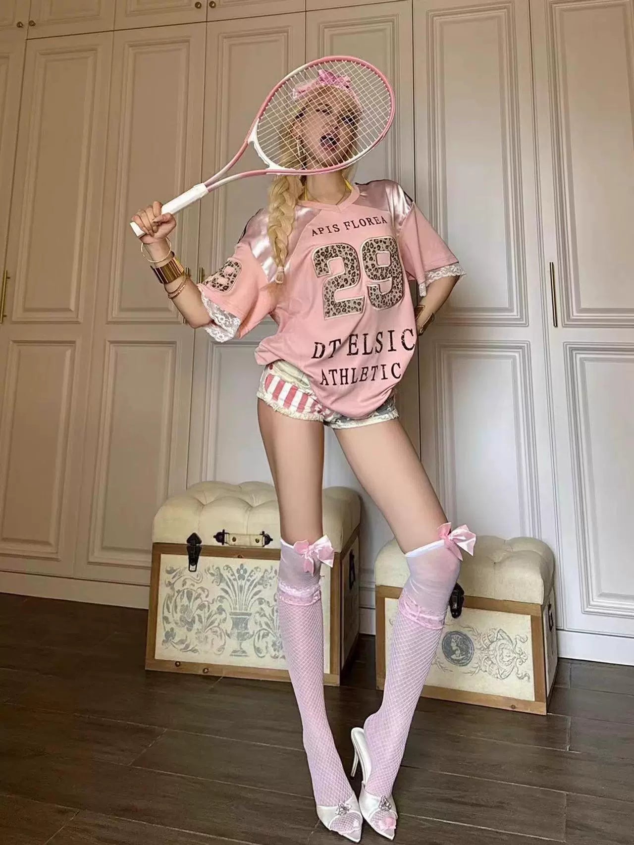 Retro V Neck Sports Jersey Leopard Print Short Sleeve Top