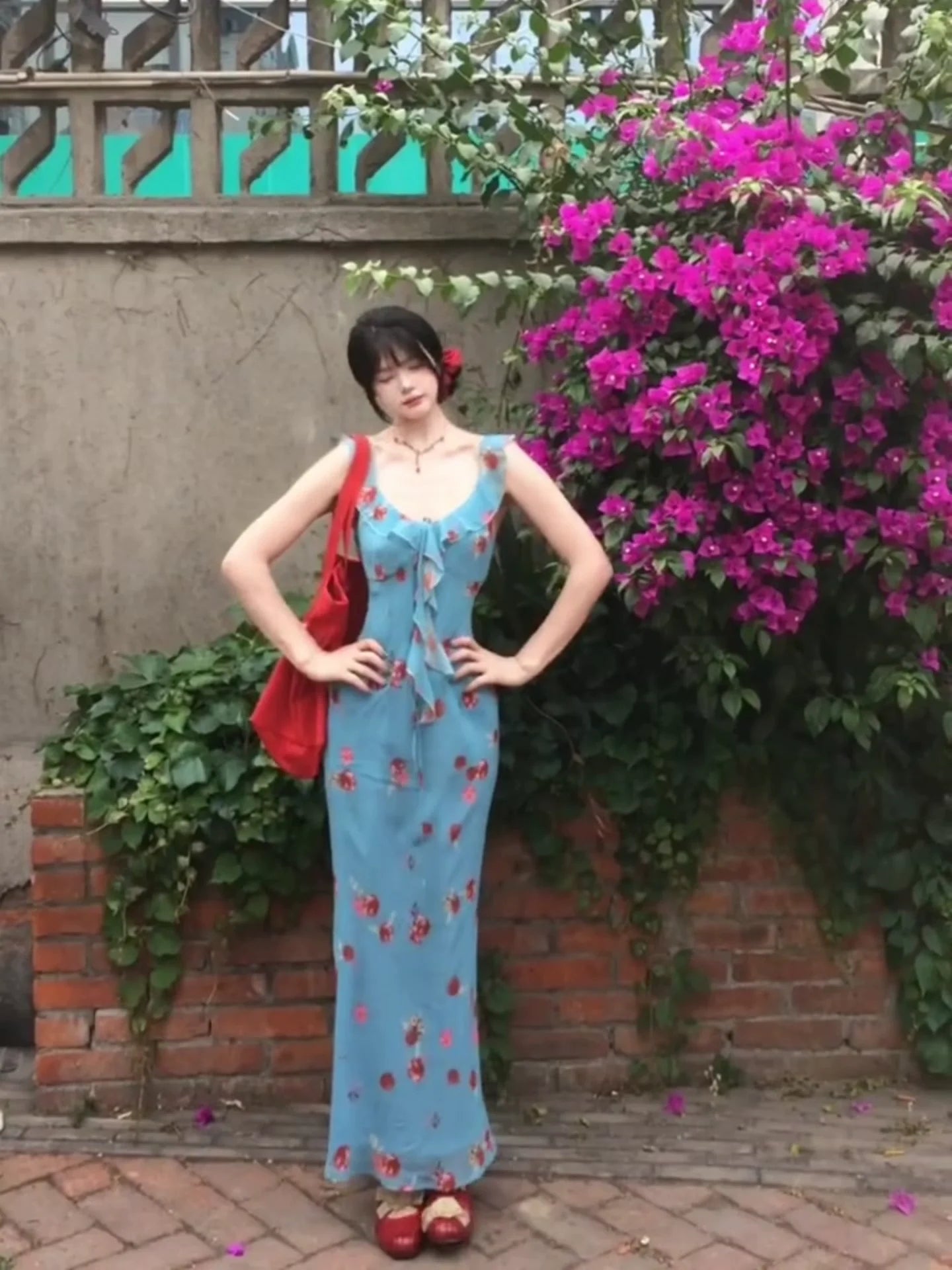 French Blue Floral Camisole Bodycon Waist-Cinched Maxi Dress