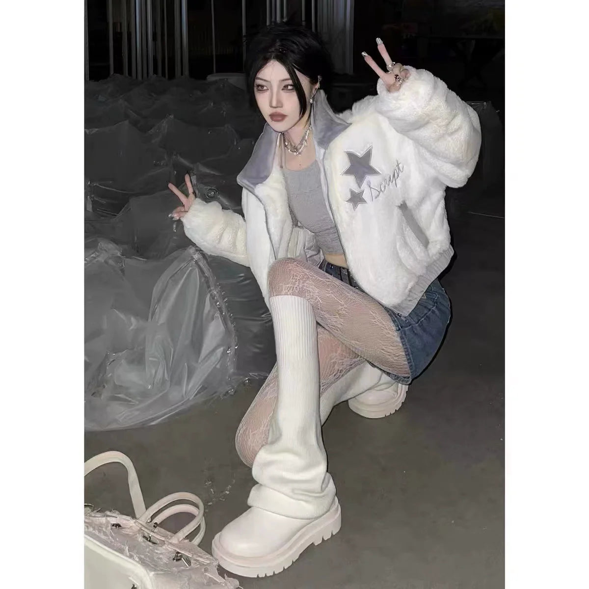 Apricot White Subculture Y2K E-girl Faux Rabbit Fur Stand-Collar Short Jacket (Winter)