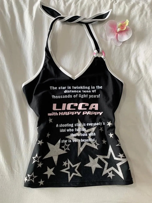 Black American Vintage Star Print Halter Y2K Tank Top