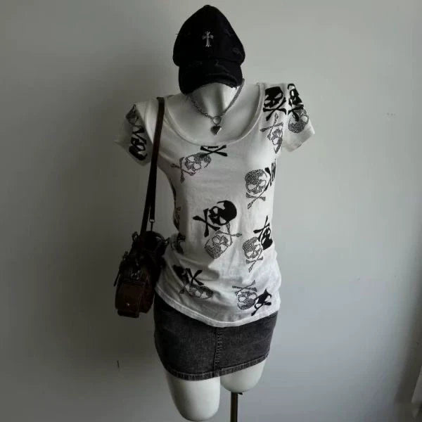 White Subculture Punk Y2K E-girl Abi American Retro Skull Print Short Sleeve Top (Style 2)
