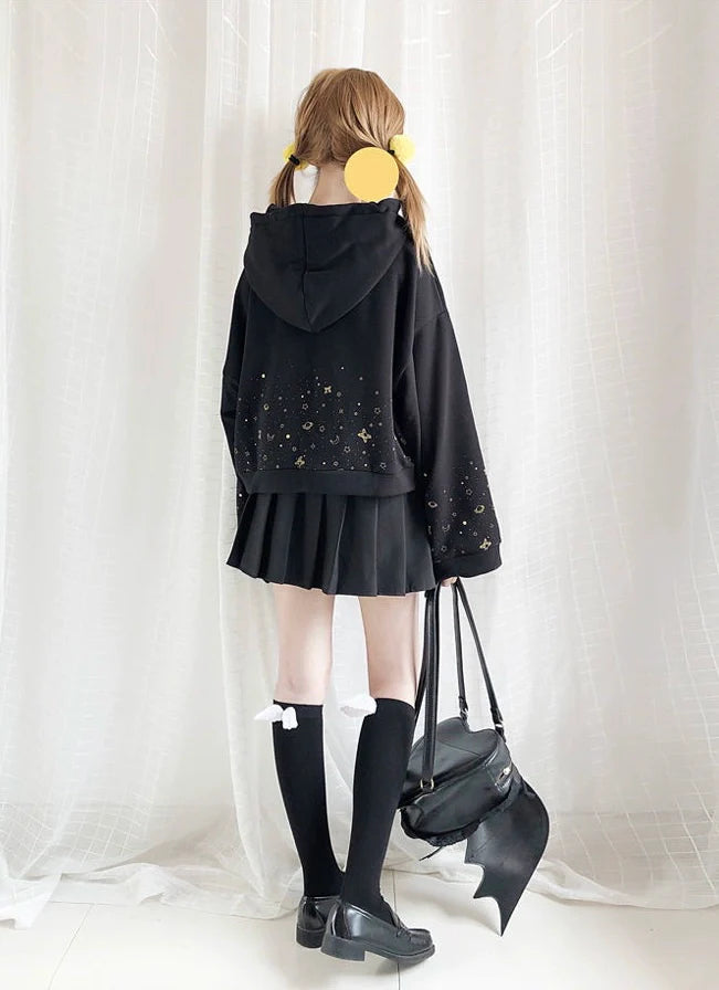 Black Y2K Japanese Bell-Sleeve Hoodie