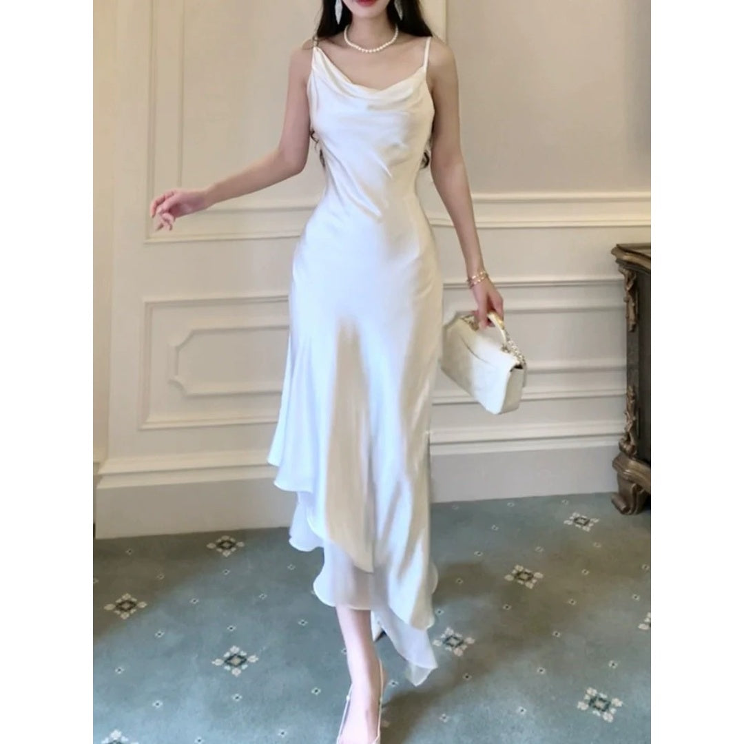 French Draped Satin Gown Dress – White Elegant Evening Dress