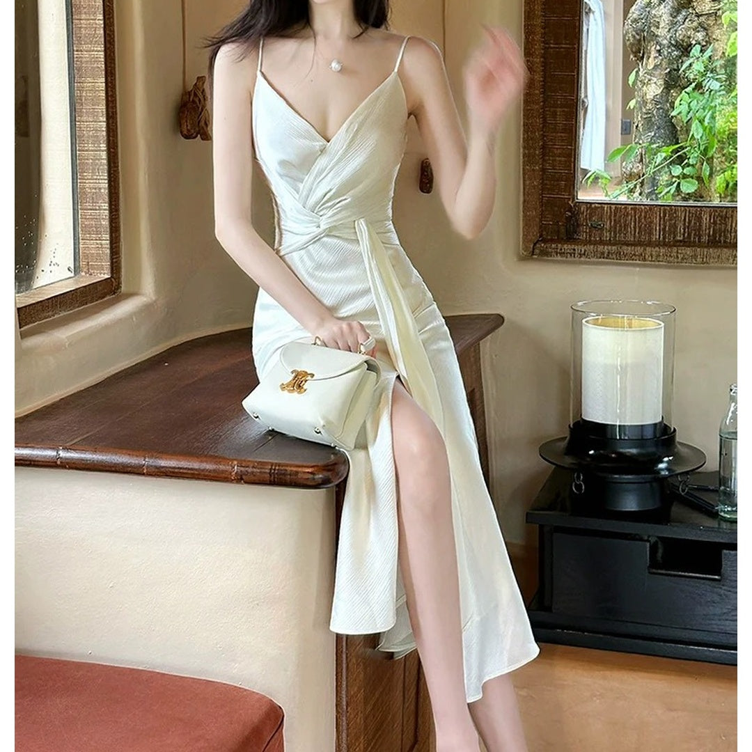 French White Satin Spaghetti Strap Mermaid Gown Dress