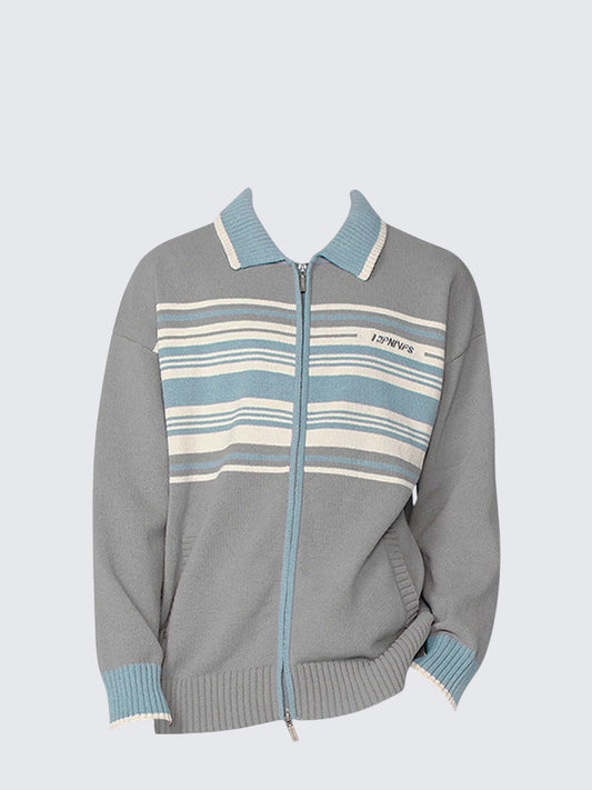 American Contrast Stripe Zip Knit Cardigan