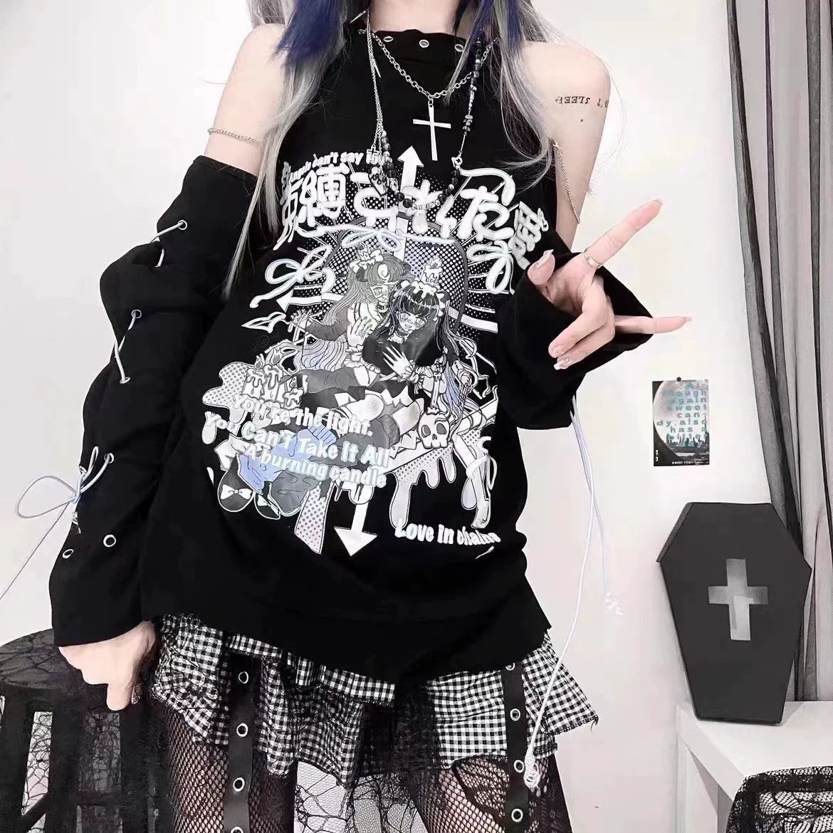 Black Tie Top with Cross Necklace Punk Y2K T-Shirt